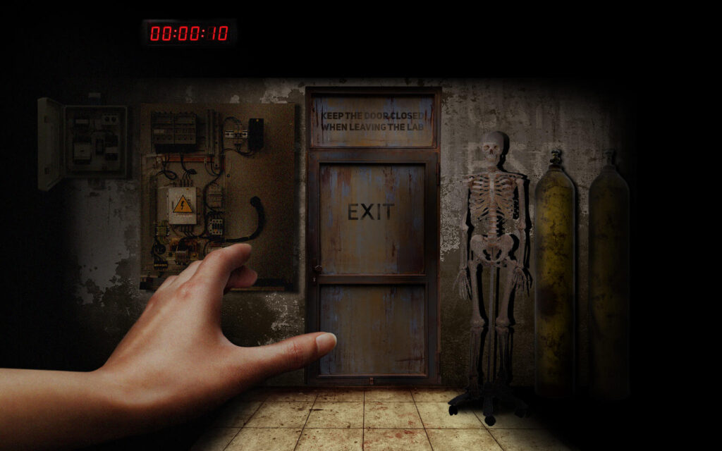 A dimly lit escape room with a timer, an exit door, and eerie costumes on hooks.