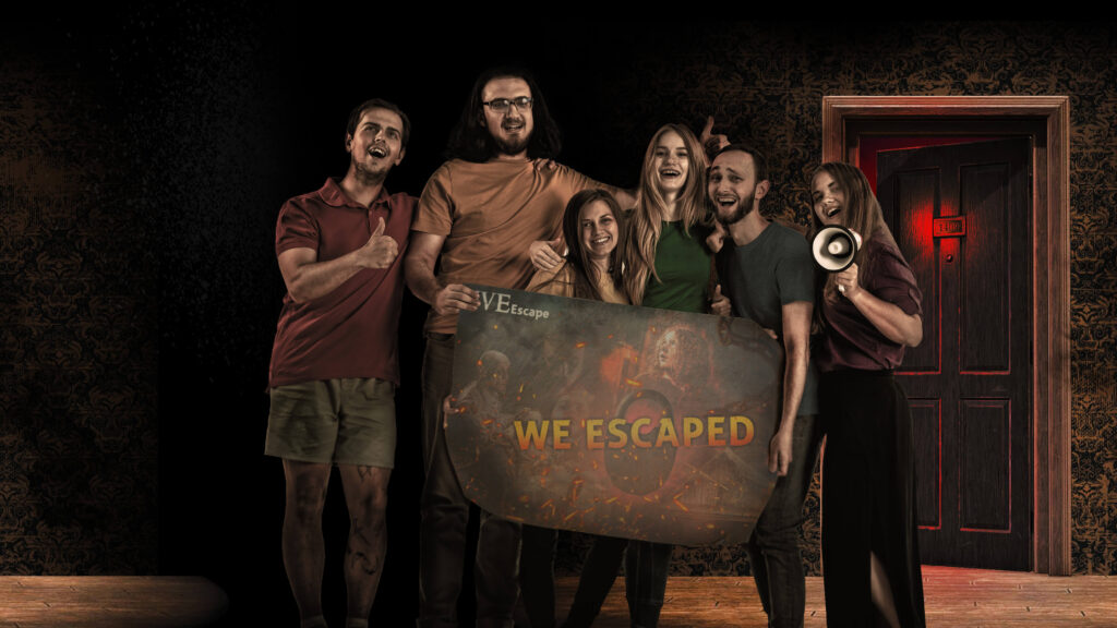 a group of people posing for a photo outside escape room 1409