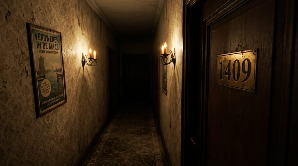 Horror escape room Rotterdam — donkere gang met deurnummer 1409 bij Live Escape